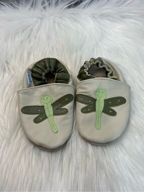 Soft Cream Baby Walker Shoes with Green Dragonfly Design